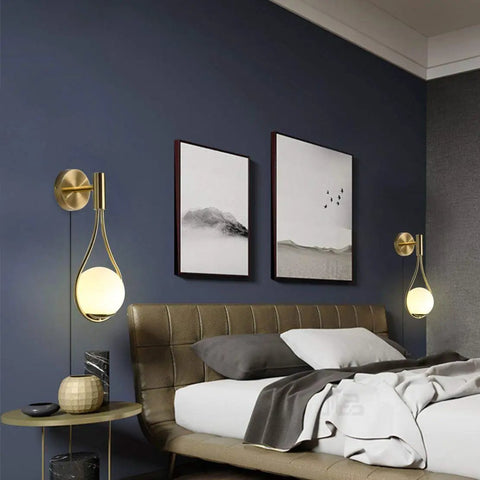 Plug In Wall Sconces Set Of 2 Modern Mid Century Gold Brushed Brass Glass Globe Wall Lamps in bedroom setup