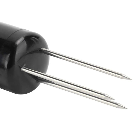 Close-up of stainless steel probes on Soil Tester Nutrient Meter with NPK Sensor for Garden Lawn Farm Indoor Outdoor Use Digital Soil Test Kit.