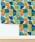 Top Shelf Modern Geometric PVC Free Professional Wallcovering Durable Polyester Linen Finish High Traffic Kitchens Bathrooms Hallways Simple Paste To Paper Wallpaper featuring a colorful geometric pattern.