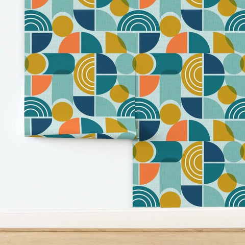 Top Shelf Modern Geometric PVC Free Professional Wallcovering Durable Polyester Linen Finish High Traffic Kitchens Bathrooms Hallways Simple Paste To Paper Wallpaper featuring a colorful geometric pattern.