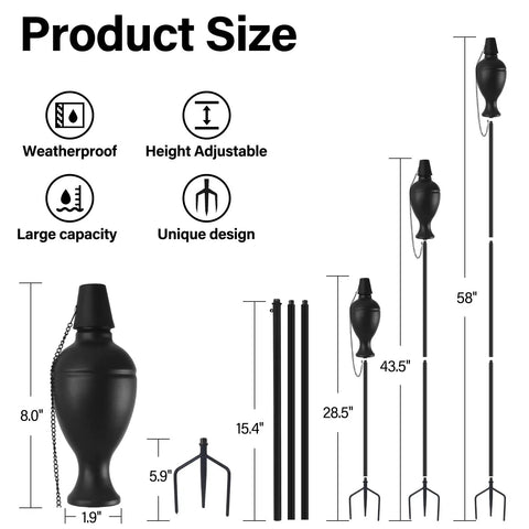 Diagram of 6 Pack Outdoor Metal Torches With 58 Inch Height showing height options, weatherproof features, and 3-prong stake.