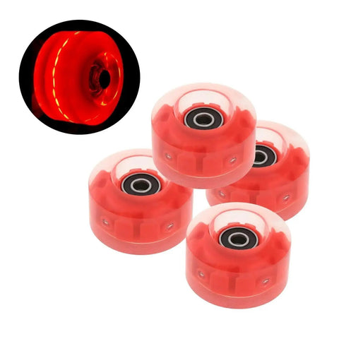 Quad Roller Skate Wheels 4 Pack With Light Up RGB Bearings for Double Row Skating, featuring red urethane wheels