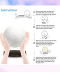 Instructions for levitating moon lamp with hovering glow, rotates in air; setup guide with hands holding moon above base.