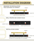 Installation diagram for 12 Pack 8 Inch Gold Cabinet Pulls With 5 Inch Center Holes, showing measurement, drilling, and mounting steps.