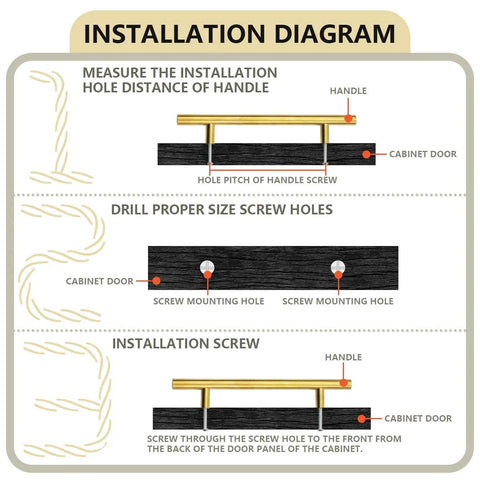 Installation diagram for 12 Pack 8 Inch Gold Cabinet Pulls With 5 Inch Center Holes, showing measurement, drilling, and mounting steps.