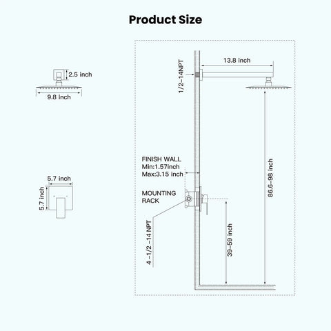 Technical drawing of Rainfall Shower System With 10 Inch Rain Shower Head Matte Black Bathroom Mixer Single Handle Wall Mount Kit