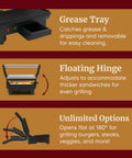 Elite Gourmet EPN-2976 2-in-1 Panini Press & Indoor Grill features a grease tray, adjustable hinge for thicker sandwiches.