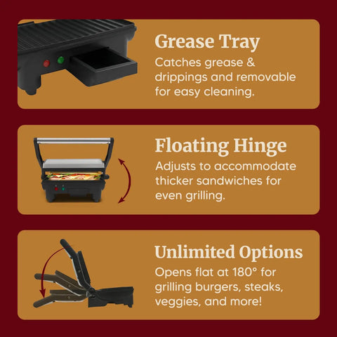 Elite Gourmet EPN-2976 2-in-1 Panini Press & Indoor Grill features a grease tray, adjustable hinge for thicker sandwiches.
