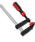 Heavy Duty Metal F Clamp With 6 Inch Opening And 2 Inch Throat Depth For Woodworking Welding Repair Projects Rust Free, showing adjustable clamp with red handle.