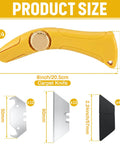 Yellow 4 pack roofing knives with fixed blades, heavy duty utility knife set dimensions, includes replacement hook blades.