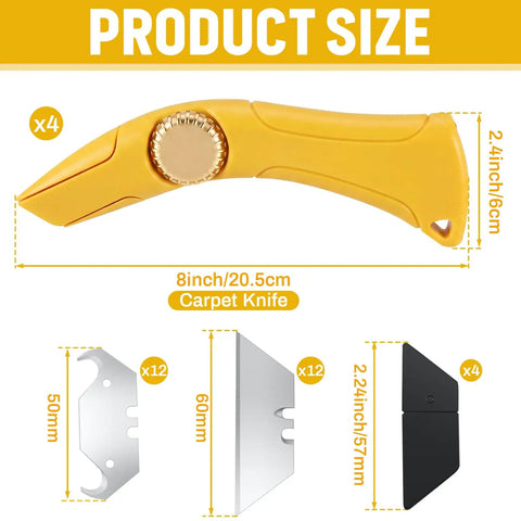 Yellow 4 pack roofing knives with fixed blades, heavy duty utility knife set dimensions, includes replacement hook blades.