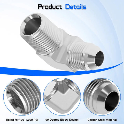 Built Tough 90 Degree JIC 37 Degree Male To Three Quarter Inch NPTF Male Hydraulic Elbow Adapter For Tight Hose Routing And Universal System Compatibility Carbon Steel. 90-degree carbon steel elbow adapter, threaded ends shown.