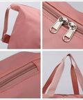 Close-up of a pink Expandable Travel Tote Bag With Trolley Sleeve And Wheels, Waterproof Oxford Duffel, showing zippers and handles.