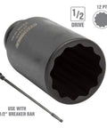 Close-up of a 12-point socket from the 8 Piece Half Inch Drive Axle Nut Socket Set With 12 Point Sockets 29mm 30mm 32mm 34mm 35mm 36mm 38mm 39mm In Case For Front Wheel Drive Vehicles Durable Case Included For Easy Transport And Organization.