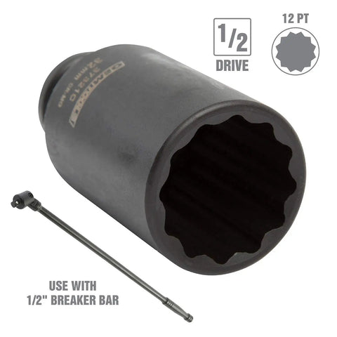 Close-up of a 12-point socket from the 8 Piece Half Inch Drive Axle Nut Socket Set With 12 Point Sockets 29mm 30mm 32mm 34mm 35mm 36mm 38mm 39mm In Case For Front Wheel Drive Vehicles Durable Case Included For Easy Transport And Organization.