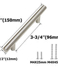 Illustration of Stainless Steel Hollow Tube T Bar Cabinet Handle with dimensions and screws shown