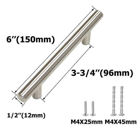 Illustration of Stainless Steel Hollow Tube T Bar Cabinet Handle with dimensions and screws shown