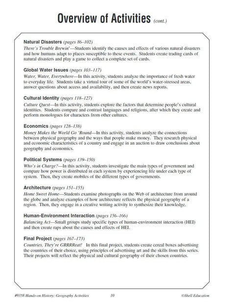 Overview page listing topics in 'Geography Activities For Social Studies Classrooms' including natural disasters and global water issues.