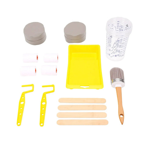 Complete Furniture Glow Up Paint Roller Kit With Mini Rollers And Sponge Brushes For Cabinet Refinishing High Density Foam Tools Including Mixing Cups And Tray Liner including rollers, brush, and mixing cups.
