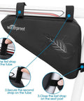Waterproof frame bag from Road And Mountain Bike Tire Repair Kit with strap instructions on bike frame.