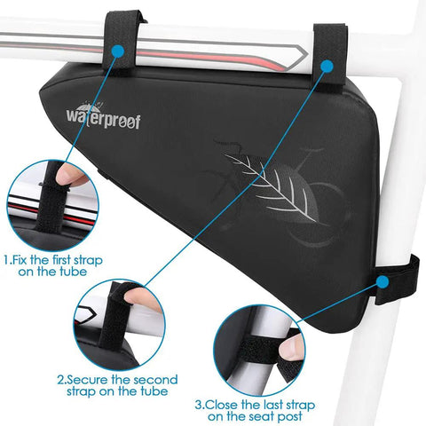 Waterproof frame bag from Road And Mountain Bike Tire Repair Kit with strap instructions on bike frame.