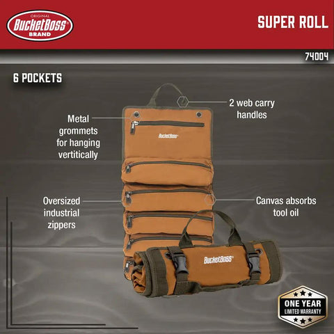 Grab-And-Go Super Roll Tool Roll with six zippered pockets, metal grommets, and handles on display