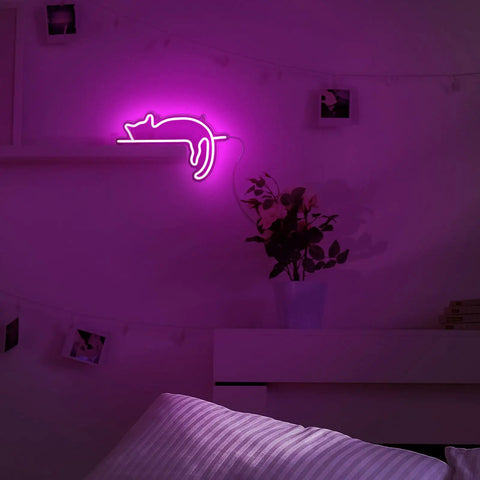 Cute Cat Neon Sign LED Light USB Powered Wall Art Decor With Pink And Blue Glow for kids rooms, pink cat silhouette on wall