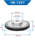 1M 120T Spur Gear For Precision Transmission with measurement diagram, low carbon steel material, 8/10/12 mm bore size