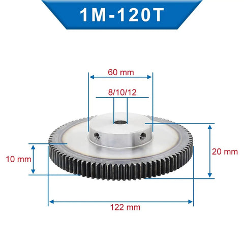 1M 120T Spur Gear For Precision Transmission with measurement diagram, low carbon steel material, 8/10/12 mm bore size