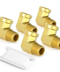 Five Pack 90 Degree Brass Pipe Elbows, 1/4 Inch NPT Male To 1/4 Inch NPT Female Fittings, Barstock Street Elbows For Plumbing