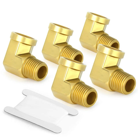 Five Pack 90 Degree Brass Pipe Elbows, 1/4 Inch NPT Male To 1/4 Inch NPT Female Fittings, Barstock Street Elbows For Plumbing