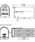 Diagram of the Admiral Large Post Mount Mailbox with rust proof aluminum weather guard, showing dimensions and specifications.