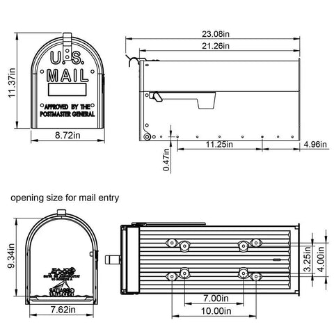 Diagram of the Admiral Large Post Mount Mailbox with rust proof aluminum weather guard, showing dimensions and specifications.