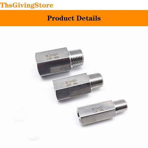 Three 304 stainless steel NPT check valves with female-to-male threads, sizes 1/4, 3/8, 1/2 in
