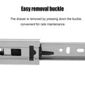 Close-up view of easy removal buckle on five pairs of 22 inch full extension drawer slides with 100 lb capacity side mount rails.