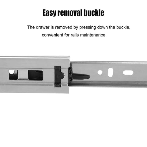 Close-up view of easy removal buckle on five pairs of 22 inch full extension drawer slides with 100 lb capacity side mount rails.