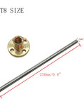Heavy Duty Tr8X8 Lead Screw Plus T8 Brass Nut Bundle For Ender 3 3D Printer Z Axis showing a brass nut and 250mm stainless steel screw.
