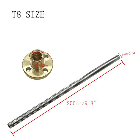 Heavy Duty Tr8X8 Lead Screw Plus T8 Brass Nut Bundle For Ender 3 3D Printer Z Axis showing a brass nut and 250mm stainless steel screw.
