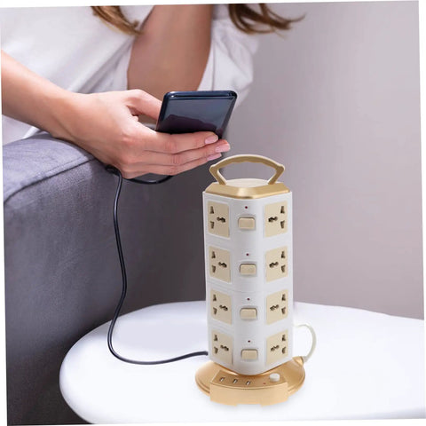Top Shelf Vertical Power Strip With Usb Charging Ports Smart Surge Protector Outlet Tower on a tabletop with a phone charging.