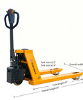 Heavy Duty Electric Pallet Jack 3300 Lbs Capacity 45X27 Forks Lithium Battery Powered Stand Up Walkie with dimensions labeled.