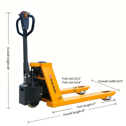 Heavy Duty Electric Pallet Jack 3300 Lbs Capacity 45X27 Forks Lithium Battery Powered Stand Up Walkie with dimensions labeled.