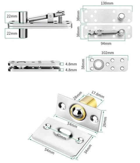 Heavy Duty Hidden Door Hinge Set For Wood Doors With 360 Degree Rotation And Black Hardware For Bedroom And Living Room Renovations Smooth Operation And Slick Discreet Look, showing measurements and details.