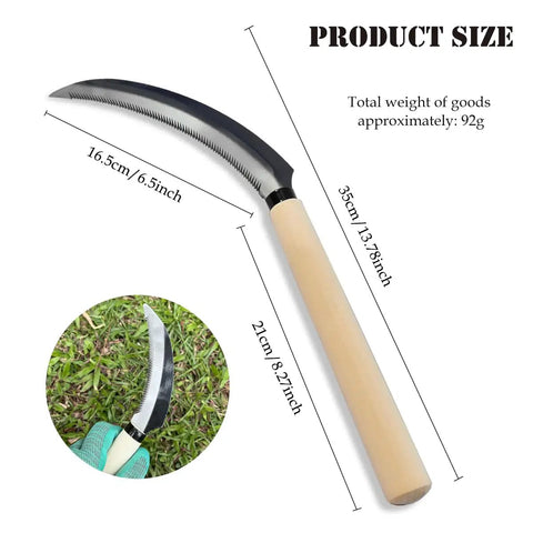 Mini Stainless Steel Serrated Blade Sickle Tool With Wooden Handle For Garden And Outdoor Tasks Compact Lightweight Handheld Cutter 6.5 Inch Blade And 8.27 Inch Handle Made From Carbon Steel For Durability displayed on size diagram with inset of tool in use