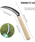 Mini Stainless Steel Serrated Blade Handheld Wooden Handle Sickle Tool Set showing size dimensions for pruning and harvesting