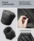 Magnetic Tire Valve Caps For Schrader Valves, Carbon Black, 4 Pack with ergonomic hexagonal shape and carbon fiber detail.