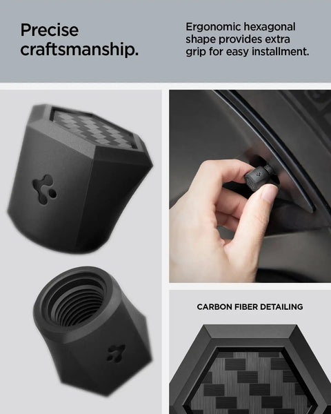 Magnetic Tire Valve Caps For Schrader Valves, Carbon Black, 4 Pack with ergonomic hexagonal shape and carbon fiber detail.