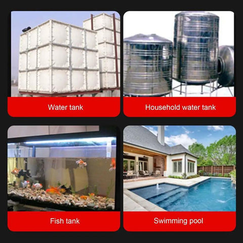 Four images of tanks: industrial water tank, household water tank, fish tank, and swimming pool, related to PT100 Temperature Sensor Probe.