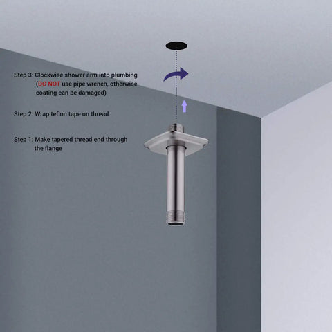 Installation diagram of Matte Black 4 Inch Stainless Steel Ceiling Mounted Shower Arm with Flange Extender.