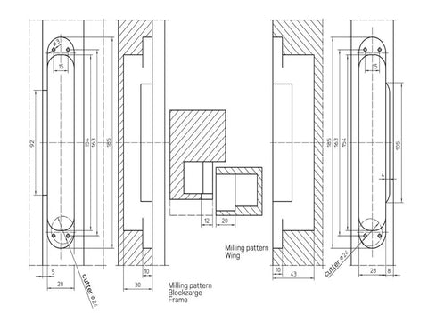 Technical drawing of a 3D Rebated Door Adjustable Concealed Residential Hinge for Interior Doors, showing dimensions and milling patterns.