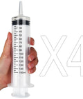 Four Pack 150ml Large Syringes Without Needles For Thick Liquids Heavy Duty Paint Fluid Water Irrigation And Horse Food Feeding Giant Plastic Syringe Set For Home Farm Vet Use, 150ml marked syringe held in hand